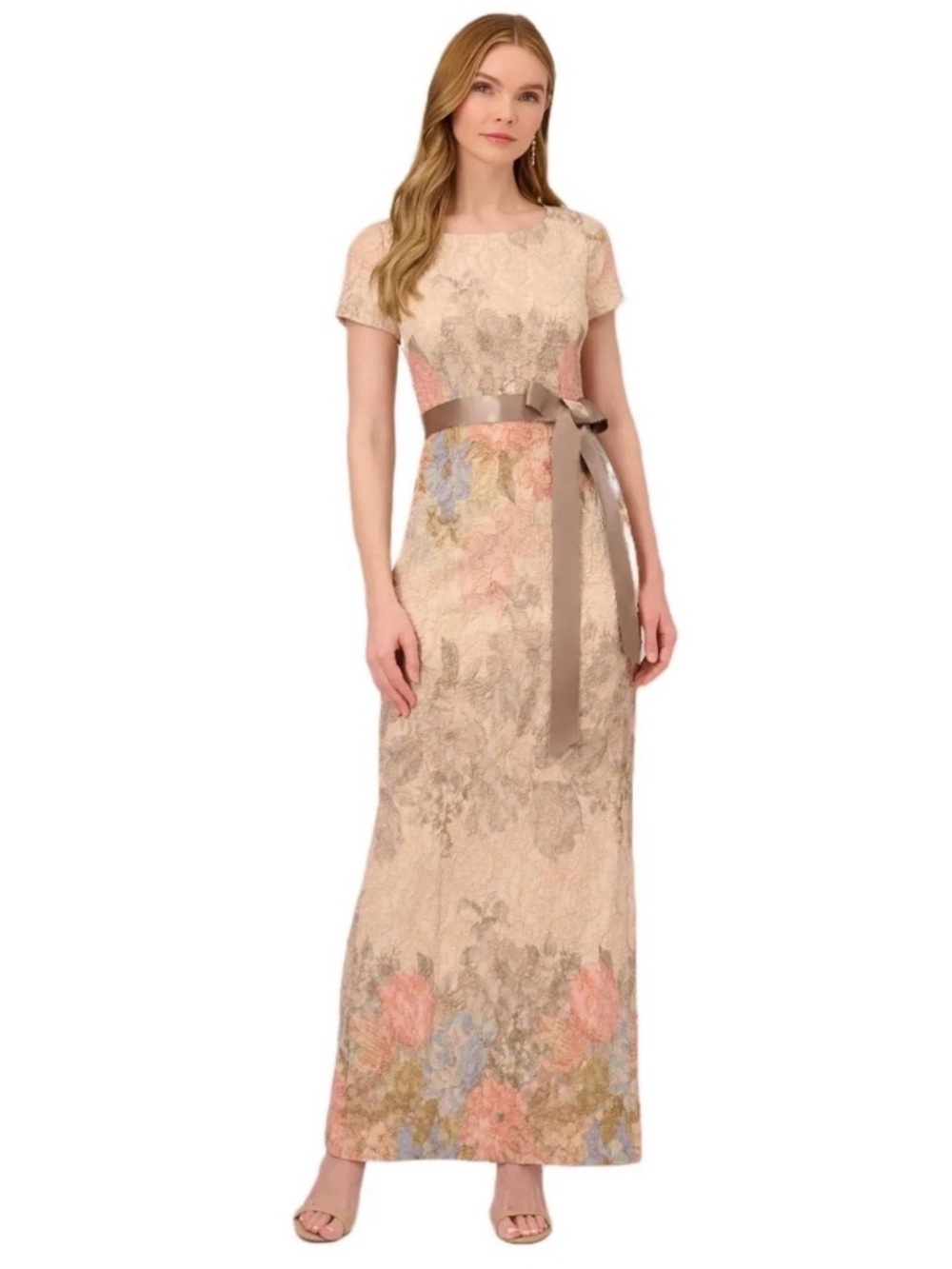 Adrianna Papell Cream Floral Jacquard Maxi Dress with Pastel Accents 2